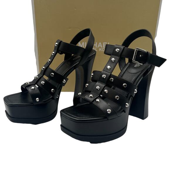 Michael Kors MK Jagger Studded Leather Block Heels Platform Sandals Black 9M - Picture 1 of 7